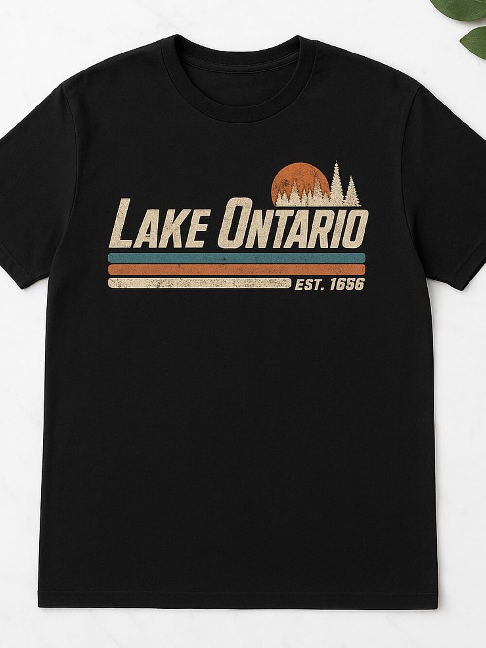 Lake Ontario Retro Vintage Lighthouse Sunset Stripe Graphic Tee Black